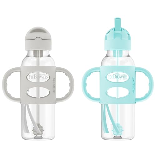 Dr. Brown's Milestones Narrow Sippy Straw Bottle, Spill-Proof with 100% Silicone Handles and Weighted Straw, 8 oz/250 mL, Gray/Green, 6m+