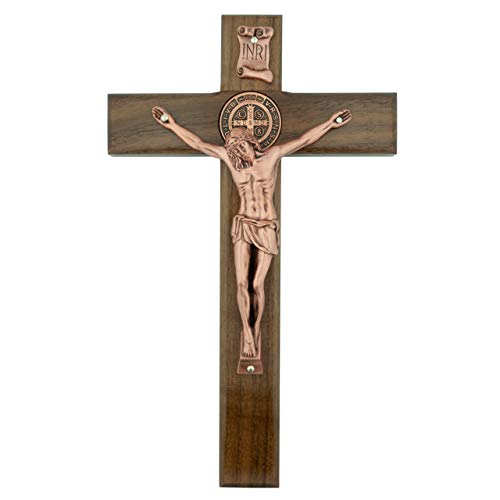Wooden Wall Cross with Saint Benedict Medal | Beautiful Copper-Tone Jesus | Solid Stained Wood | Ready to Hang on Wall | Great Gift for Baptism, New Home, Weddings | Made in Italy