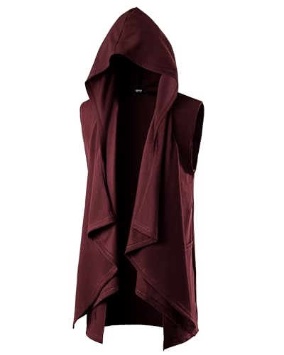 GIVON Mens Sleeveless Ruffle Shawl Collar Cardigan Lightweight Long Hooded Vest Sweater