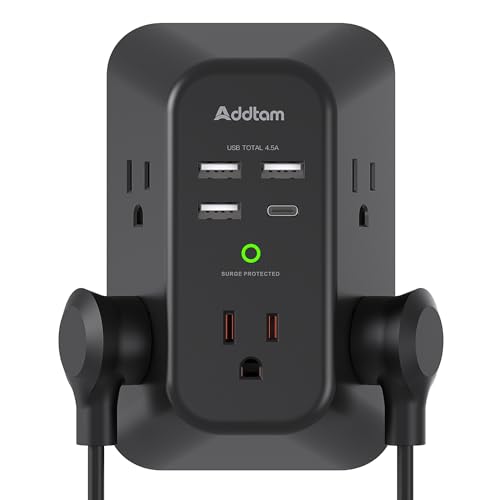 Surge Protector Outlet Extender, Addtam Multi Plug Wall Outlet with 4 USB Ports(1 USB-C), 3-Sided 1800J Power Strip Plug Extension Outlet Splitter, Black