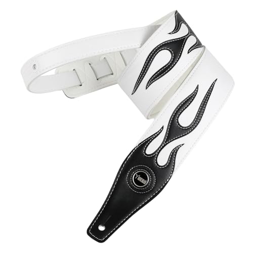 BORGBAR Guitar Strap Leather, Anti-Slip, Classic, Adjustable Soft Leather Strap for Acoustic, Electric and Bass Guitars (White - Black Flame)