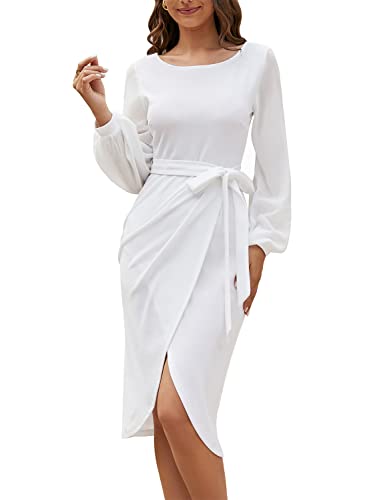 Work Dresses For Women Office Elegant V-Back Long Sleeve Chiffon Belted Ruched Split Bodycon Wedding Guest Cocktail Dress 876 White L #TOP2