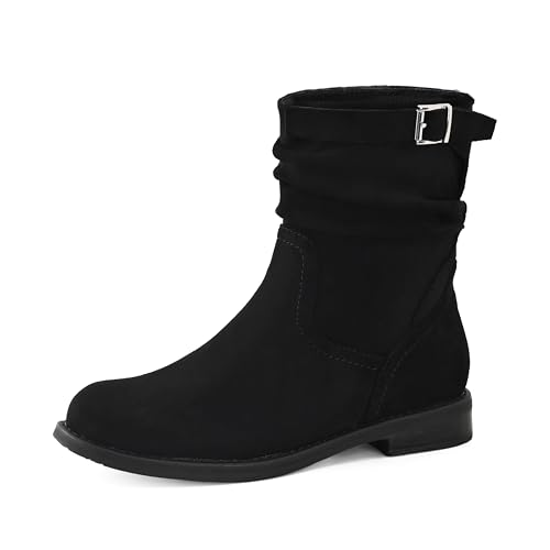 Shoe'N Tale Women's Mid Calf Boots Slouchy Round Toe Flat Low Heel Riding Boots With Side Zipper, Black Suede, 7