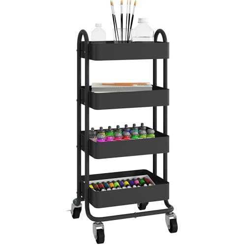 Elitehouse 4-Tier Metal Rolling Cart with Wheels,4 Tier Utility Cart with Wheels for Office,Home,Kitchen,Garden（13.4"x18.1"x40"） Black