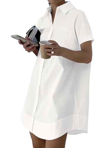 Image of Rooscier Women's Casual Shirt Dress Collar V Neck Button Down Short Sleeve Summer Mini Dresses