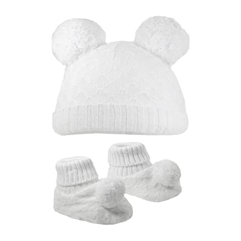 Baby Knitted Double Pom Pom Hat with Booties Set Baby Boys Girls Pom Pom Hat Unisex Cable Hat Bootees Set Colours Available NB 0-12 Months RI610 (White) Cover