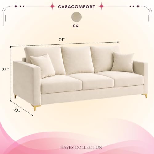 Image of Hayes Rich Velvet Suede 3 Seater Sofa | Golden Aesthetic Legs | Spacious Soft Touch Comfort Seating | Modern Sofa for Living Room-Cream Color