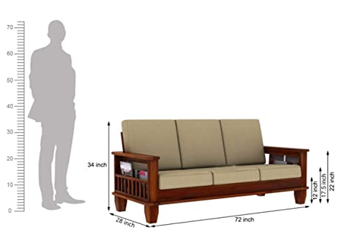 Image of Solid sheesham Wood Standard Sofa Set 3 Seater Furniture Wooden 3 Seater Sofa Set with Cushions (Honey)
