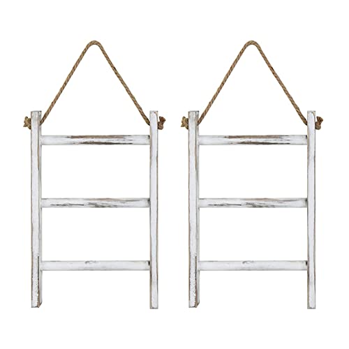 Reinscer 2X Échelle de Suspendue Au Mur échelle de Comptoir en Bois Blanchi à La Chaux Rustique Porte-Serviettes de Décor de Ferme avec Corde Réglable