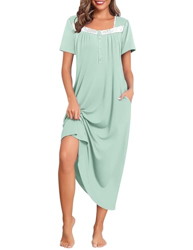 Image of Ekouaer Long Nightgowns for Women Short Sleeve House Dress with Pockets | Soft Vintage Victorian Sleepdress Moo Moo Nightgown Pleated Front Button Sleepwear Mumu Dress Loungwear Lace Nightdress
