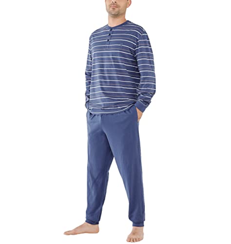 El Búho Nocturno - Pijama Hombre Largo Tapeta Punto Rayas Azul 100% algodón Talla 4 (L)