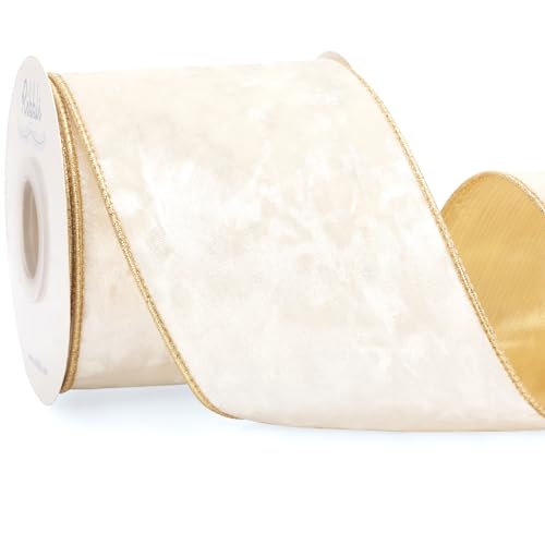Image of Ribbli Ivory Velvet Wired Ribbon 4 Inch Metallic Crushed Velvet Christmas Ribbon for Gift Wrapping Christmas Tree Decoration Crafts Wreaths Supplies-Continuous 10 Yards
