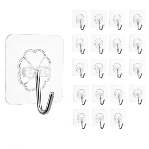 Image of KONVIO NEER Self Adhesive Wall Hanging Screw Hooks Heavy Duty Hanging Sticky Hooks for Kitchen, Bathroom, Decoration |Nail Free, Transparent Wall Screw Hooks (Flower Hooks, 20 Pack)