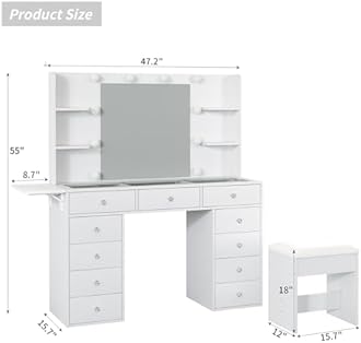 Vanity Desk with Power Outlet, 47'' W Makeup Vanity with Mirror and 12 LED Lights, 11 Drawers & 4 Shelves, 3 Color Lighting Modes, Fold-up Panel, Glass Top Vanity Set for Bedroom