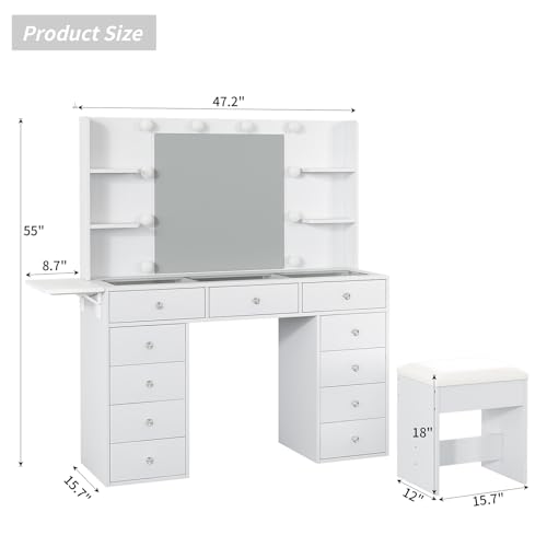 Vanity Desk with Power Outlet, 47'' W Makeup Vanity with Mirror and 12 LED Lights, 11 Drawers & 4 Shelves, 3 Color Lighting Modes, Fold-up Panel, Glass Top Vanity Set for Bedroom