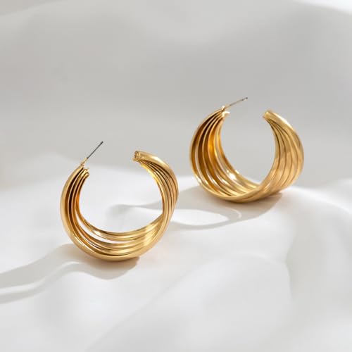 14K Gold Thick Statement Drop Dangle Earrings for Women,Big Chunky Geometric Wavy Hoop Earrings Party Prom Vintage Jewelry Gifts4