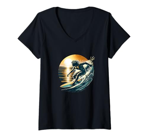 Mujer Surfboarder Puesta Del Sol Ola Surf Amante De Las Tablas De Surf Surfista Playa Camiseta Cuello V