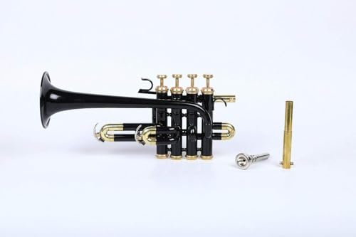 Trompeta Piccolo profesional, negro y dorado, 4 válvulas con boquilla BB/A pitch con estuche duro y...