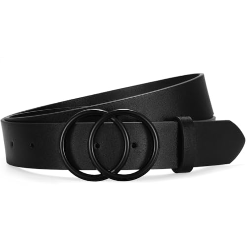 SANSTHS Womens Leather Belt for Jeans Pants Fashion Waist Belts Black Double Ring Buckle,BLACK,M
