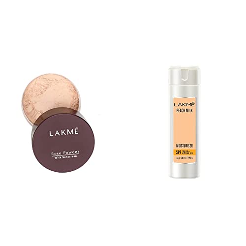 Image of LAKME Rose Face Powder, Soft Pink, 40G & Lakme Peach Milk Spf 24 Pa Sunscreen Moisturiser For Oily Skin Type, 120 Ml
