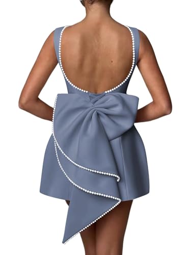 Image of Mini Pearl Cocktail Dress with Bow Satin Evening Dress Backless Bodycon Formal Party Gowns ADN002