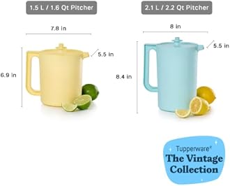 Tupperware Heritage Pitcher Set in Vintage Blue and Yellow Colors, Dishwasher Safe and BPA Free (Set of 2, 1.5 Qt./2 Qt.)