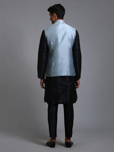 Image of VM Men's Grey-HG and Black Silk Blend Jacket, Kurta and Pyjama Set VMMJ217GYnKBL001nPANT005BL 42