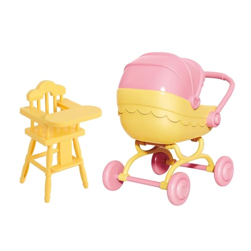 Pemalin Mini Dollhouse Furniture Set, Baby Stroller and High Chair, Pink and Yellow Miniature Accessories, Kids Pretend Play Toys