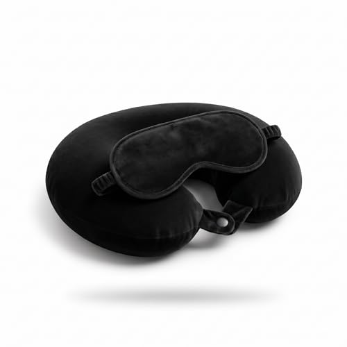 Image of Travel Neck Pillow for Adults, Fiber Filled U-Shaped Neck Support Pillow with Button Closure, Soft Plush Neck Cushion for Airplane, Car, Office & Travel (Black)