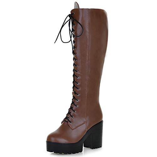 Image of Parisuit Women's Knee High Goth Platform Boots Lace Up Combat Boots | Chunky High Heel, Buckle Boots, Punk Chain Boots