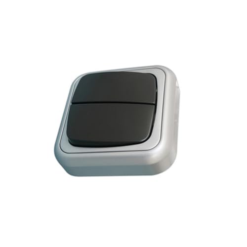 Doble interruptor de superficie, color plata-gris, ideal para controlar sistemas eléctricos en hogares y oficinas.