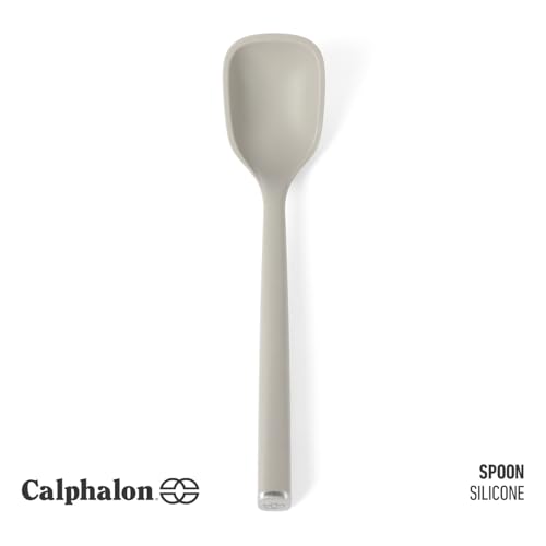 Image of Calphalon Edge Silicone Spoon, Silicone Cooking Spoon with Reinforced Core, Flexible Heat-Resistant Nonstick-Safe Kitchen Spoon for Stirring, Mixing & Serving, Taupe