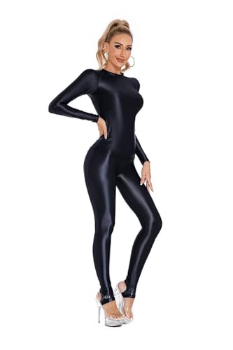 Yaaapiy Damen Glänzend Overalls Ganzkörper Anzug Body Einteiler Bodysuit Jumpsuit Glossy Glatt Strupmhose Leggings Unterwäsche (Schwarz, M)