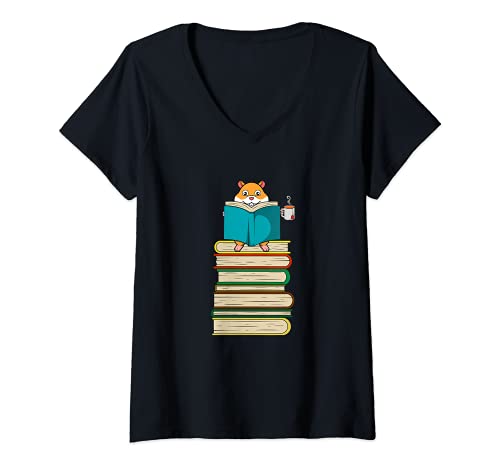 Mujer Divertido libro de cobayas leyendo y bebiendo té Camiseta Cuello V