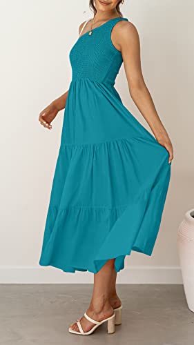 Zesica Women's 2023 Bohemian Summer Floral Print One Shoulder Sleeveless Smocked Ruffle Tiered Beach Long Midi Dress,Peacock,Medium #TOP7