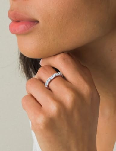 Sterling Silver Birthstone Rings for Women Sapphire/Ruby/Emerald/Aquamarine Wedding Band 3mm Stackable Half Eternity 7 Stone Anniversary Ring Wife Mom Birthday Jewelry Size 6-102