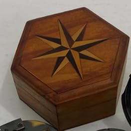 Brújula de reloj de sol antigua de latón con caja prismática de madera – Instrumento de navegación vintage y regalo coleccionable miniatura 7