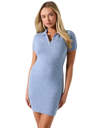 GUESS Womens Eco Short Sleeve Polo Ophelia Sweater Dress, Soft Light Blue Heather, Extra Small at Amazon Women's Clothing store