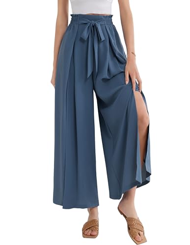 GRACE KARIN Women's Wide Leg Pants with Pockets Lightweight High Waisted Tie Knot Caual Loose Split Flowy Palazzo Trousers