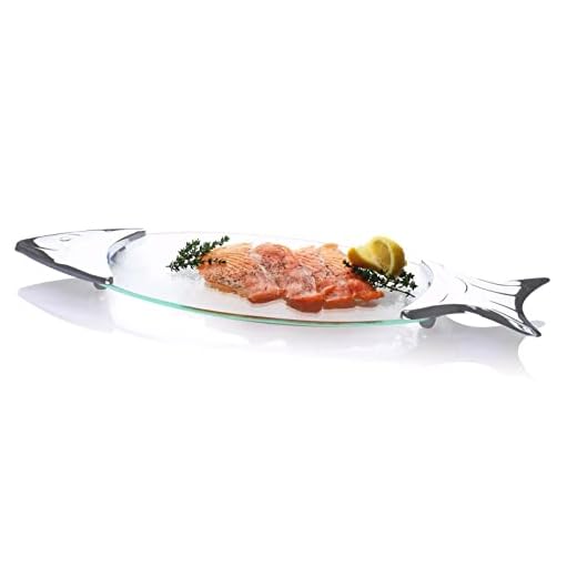 Rigeli Regent Chromeplated Salmon Glass Serving Tray Serving Platter Fish/Sushi Platter Food Trays, Fish Plate Glass+ Stainless Steel