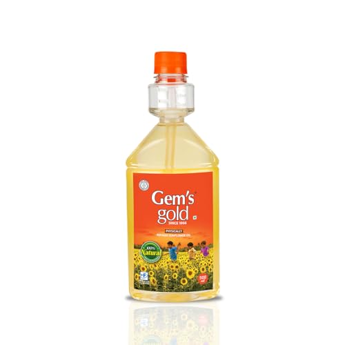 Image of Gem's Gold physically refined sunflower Cold Pressed Cooking Oil 500 Ml | Smart Bottle Helps reduce consumption up to 30% | Chemical Free, Kacchi Ghani, Chekku | Physically Refined Sunflower Oil