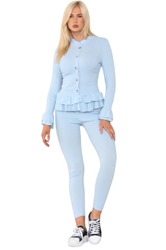 Survêtement péplum à volants côtelé taille 38 ensemble bleu ciel manches longues
