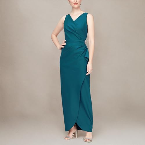 Image of Alex Evenings Women's Slimming Long Side Ruched Dress with Cascade Ruffle Skirt