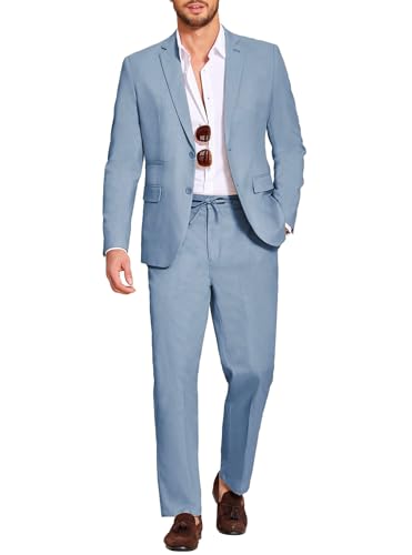 Coofandy Conjunto de Trajes de Lino de 2 Piezas para Hombre, Ajuste Regular, Casual, Ligero, Chaqueta y Pantalones, Azul/Claro, XX Large