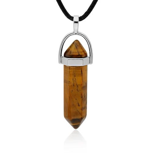 AVANCY Colgante de Piedra Natural de Forma de Punta   Incluye una Cadena de Hilo Encerado Negro 45cm   Distintas Piedras Semipreciosas (Ojo de Tigre)