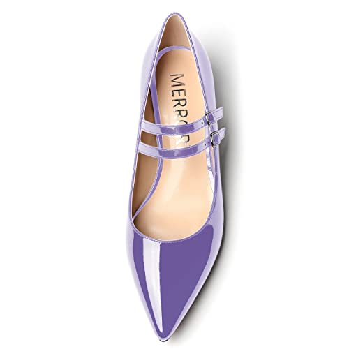 MERRORI Women's Solid Evening Slip On Adjustable Strap Dress Pointed Toe Patent Kitten Low Heel Pumps Shoes 1.5 Inch3
