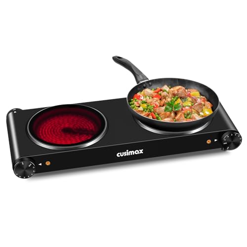 CUSIMAX Double Electric Hob, Portable Ceramic Hot Plate, Double Camping Hob Infrared Cooktop Electric Hob with Dual Temperature Control, Crystal Glass Plate Easy to Clean, Black Steel, 2400W
