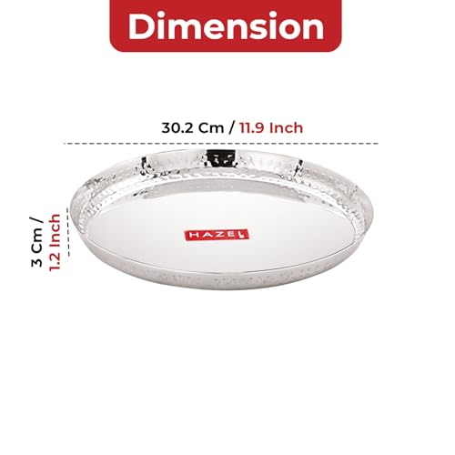 Image of HAZEL Stainless Steel Dinner Plate 30.2cm | Stylish Hammered Walls Thali for Lunch, Tiffin Plates, Ideal for Home, Office & Restaurant, Pack of 6