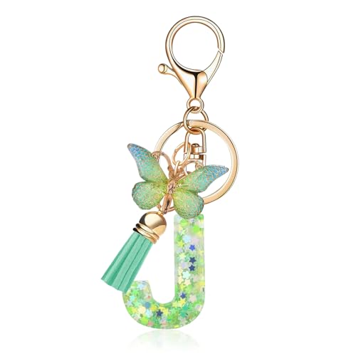Betrynidil Llavero de Letras, Llavero de Mujer, Mariposa Nombre Letra Inicial Llaveros para Niña Mujer Regalo de Cumpleaños Monedero Bolsos Colgante Eegreso a la Escuela (Verde J)