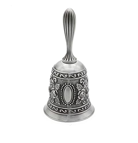 Tiardey - Campana de Mano de 4,4 Pulgadas,clásica,de Metal,para Llamadas Fuertes,Alarma Tradicional,Campana de Mano,Campana de Navidad,Servicio,Campana recepción,decoración del hogar,Plata Antigua